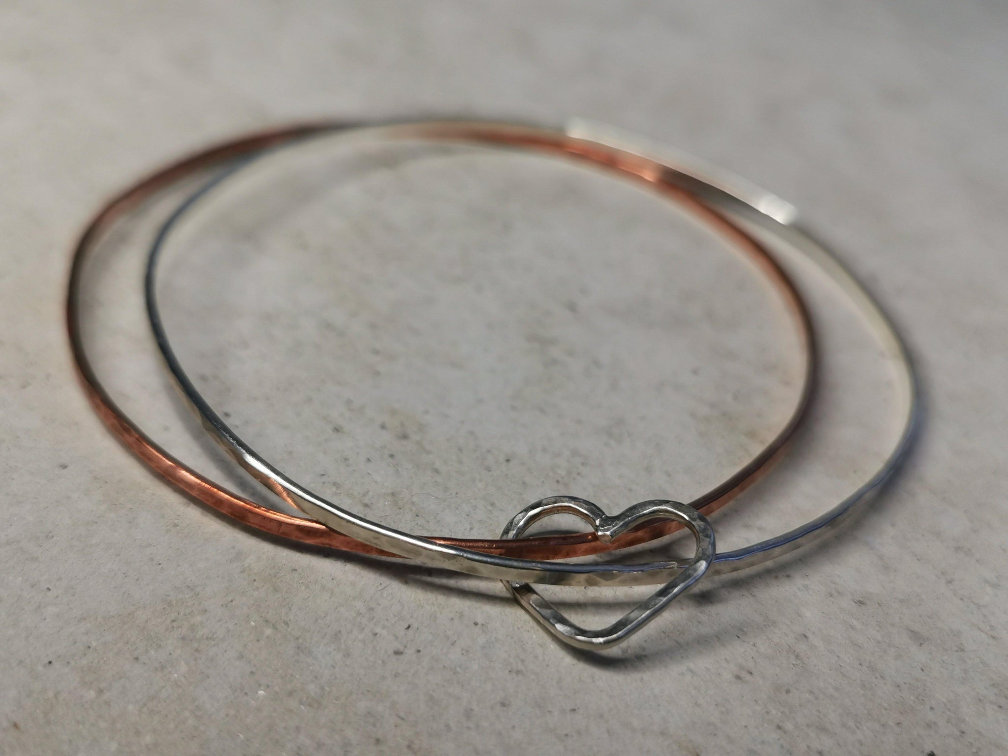 Silver & Copper Bangle with Wire Heart Charm - NaomiRaeByDesign